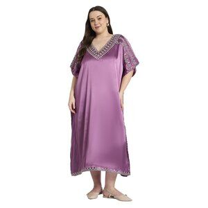 Gypsie Blu Women Plus Size Satin Solid Embroidery Kaftan Dress Kimono Maxi Dress